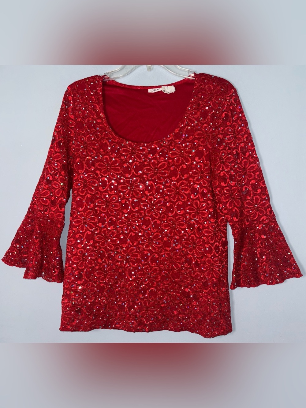 Cato Women’s Large Red Sequin Floral Bell-Sleeve Women’s Top
